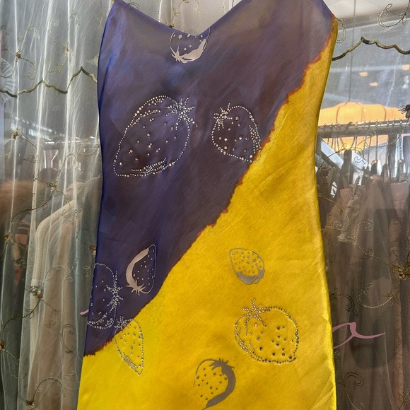 area blue yellow bedazzled strawberry mini dress beaded straps - Picture 4 of 11